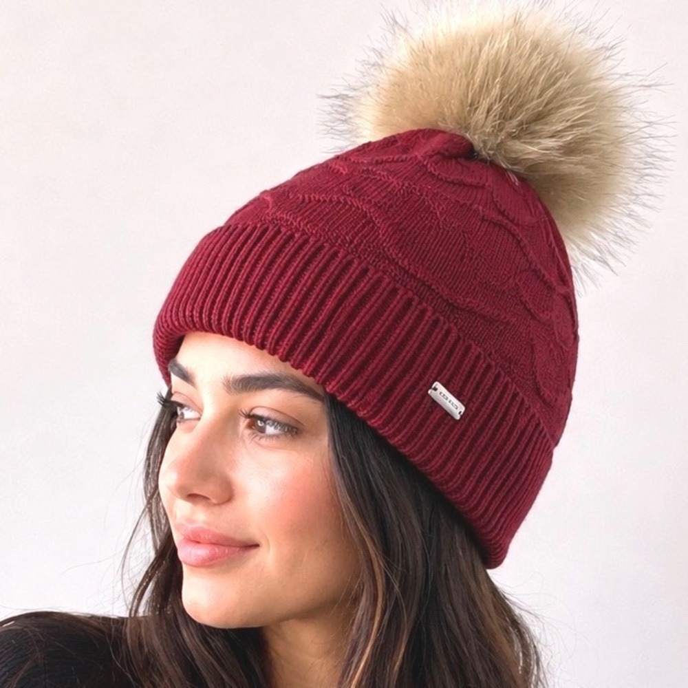 Coach Burgundy Signature C Knit‎ Beanie Hat with Faux Fur Pom Pom Ribbed Cuff